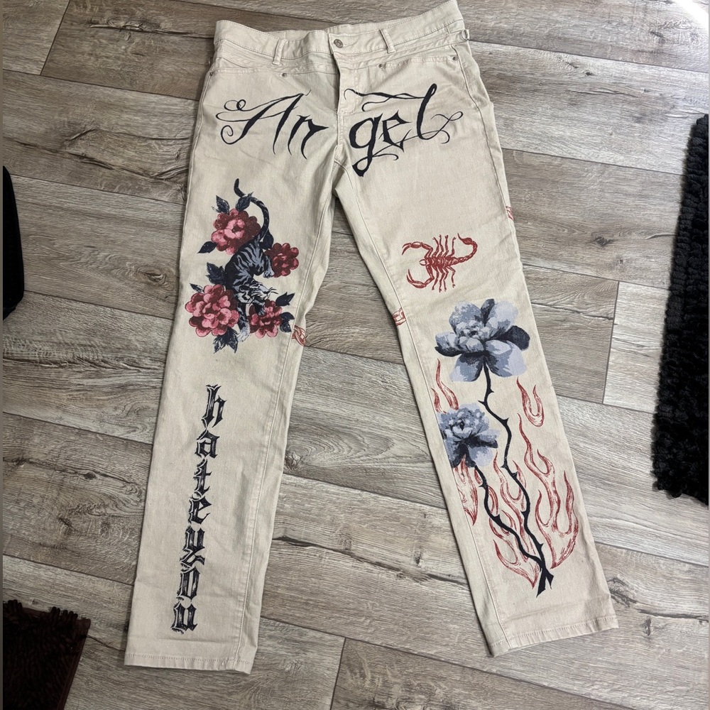BDG Beige Straight-Leg Jeans with Floral, Script & Flame Artwork